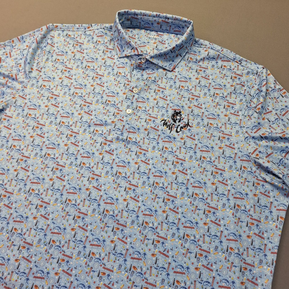 johnnie-O Mens XL Chicago Novelty Print Polo Shirt Blue Wolf Creek Golf UPF 50